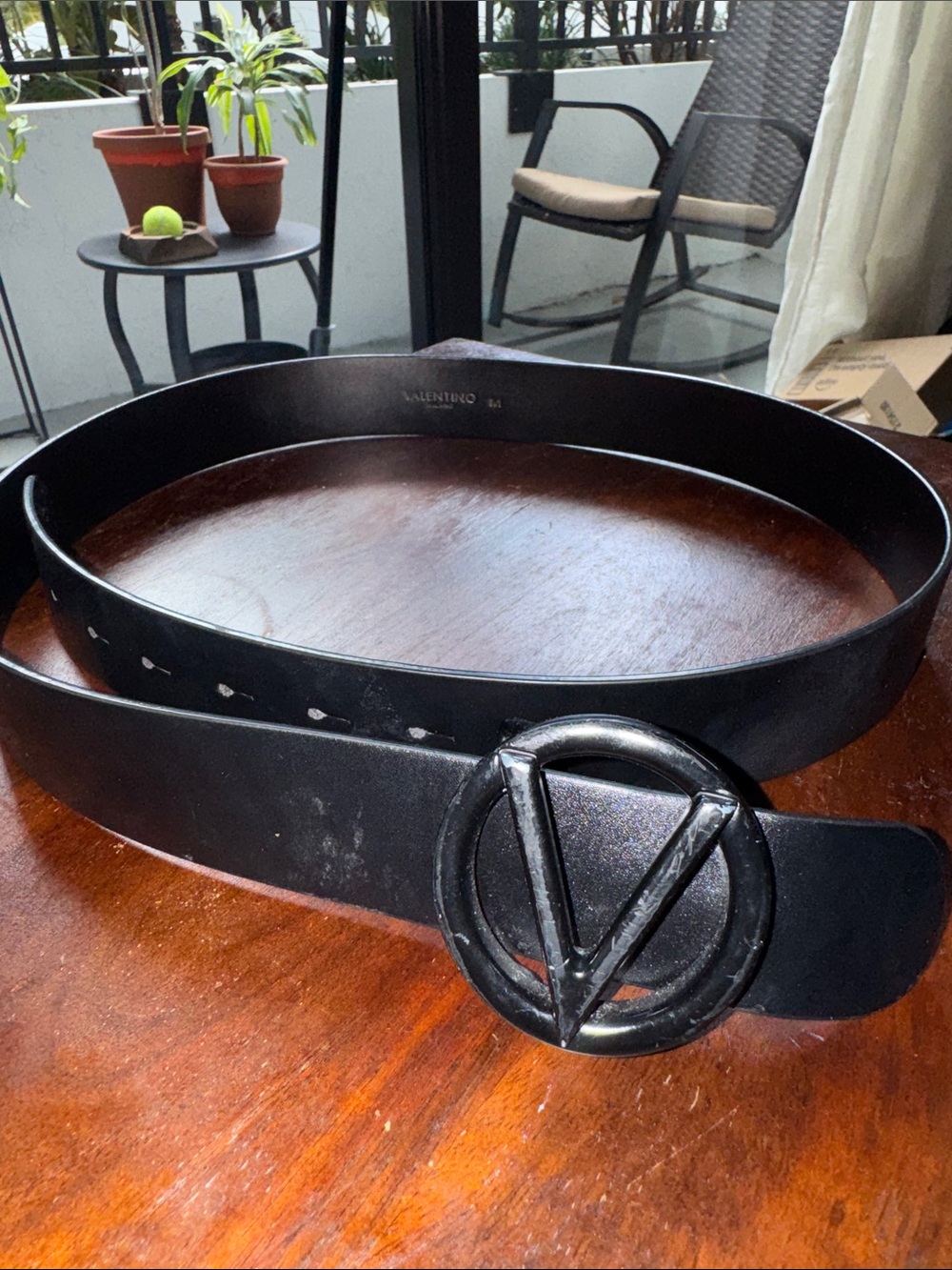 Mario Valentino Black Leather Belt with Round V Logo Buckle w/ dust bag